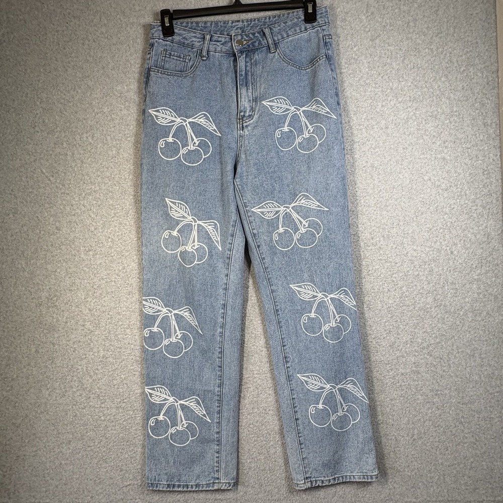 SHEIN Jeans Women's L Light Wash Blue Cherry Print Straight Leg High Rise